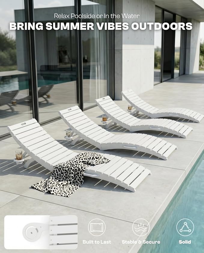 Folding HDPE Pool Lounge Chairs Set of 6, Pre-Assembled Outdoor Chaise Lounge - Image 6