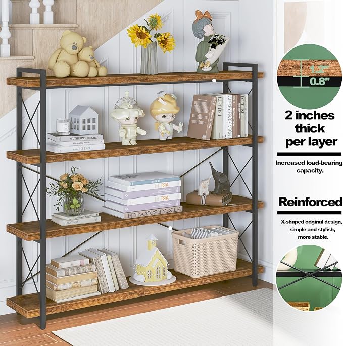 HCHQHS Large Bookshelf, 4-Tier Long Industrial Bookcase, Rustic Brown Book Shelf - Image 4