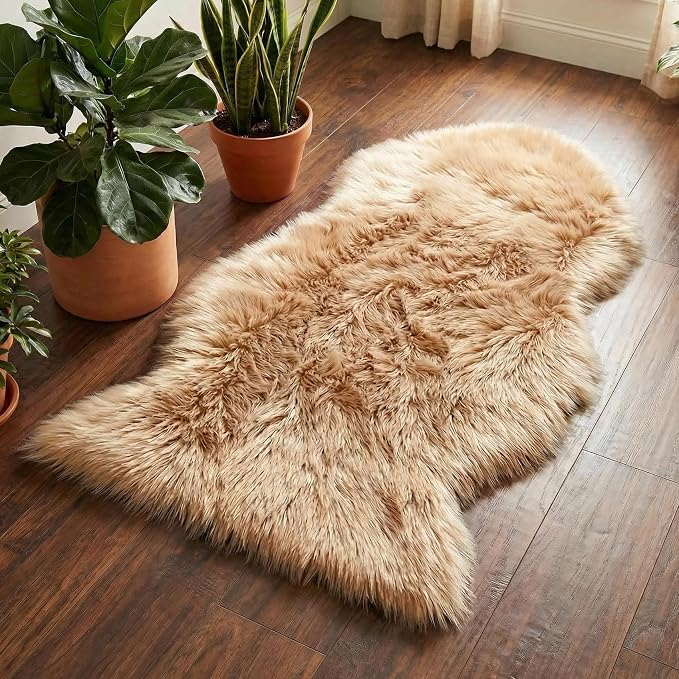 duduta Beige Faux Sheepskin Rug 2x3 ft, Small Faux Fur Chair Covers | Shag - Image 6