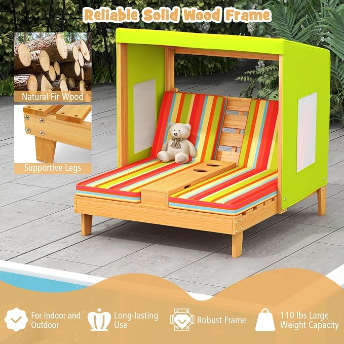 HONEY JOY Kids Chaise Lounge Chair Outdoor, Toddler Wood Double Pool Lounger - Image 7