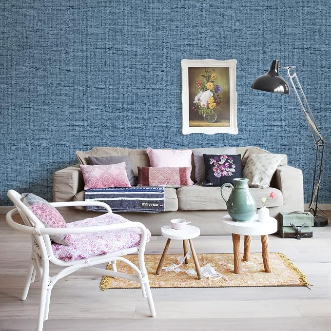 Blue Grasscloth Peel and Stick Wallpaper Textured Linen Adhesive Contact Paper - Image 5