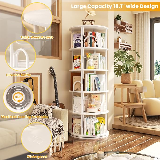 Aheaplus 5 Tier Rotating Bookshelf Tower, 360 Display Spinning Bookcase - Image 4