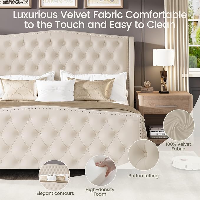 LARMACE Queen Size Bed Frame Velvet Upholstered Platform Bed - Image 3