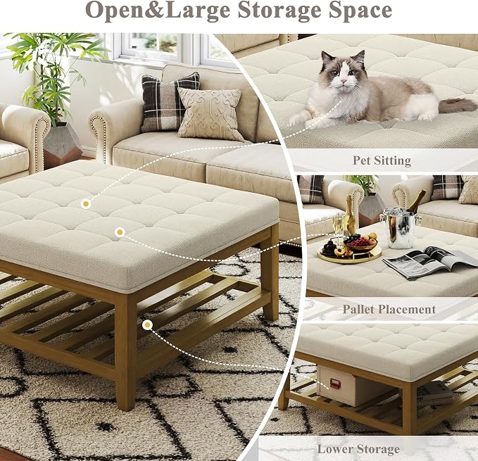 Befurtori Large Square Ottoman Coffee Table, Linen Solid Upholstered Footrest - Image 5