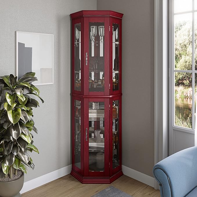 BELLEZE Lighted Wooden Corner Display Curio Cabinet, Two Section Shelving Unit by BELLEZE