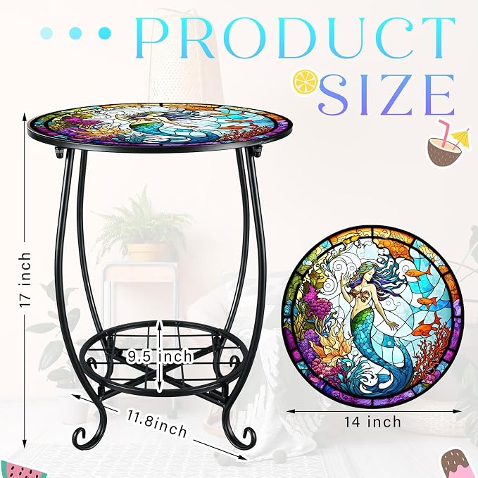Cinnvoice Outdoor Side Table Round Small Mosaic Patio Accent Indoor End Plant - Image 3