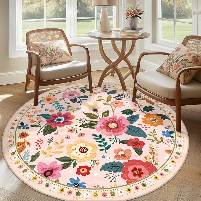 RELEANY Floral Washable Round 6ft Area Rug Pink | Flower Carpet Print Boho Cute - Image 2