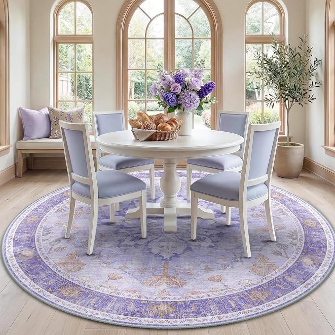 RELEANY Washable Area Rug, Round 7ft, Water Repellent, Pet Friendly, Vintage by RELEANY