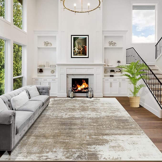 9x12 Area Rugs for Living Room: Washable Abstract Brown White Carpet | Non-slip by GENTDRIZZ