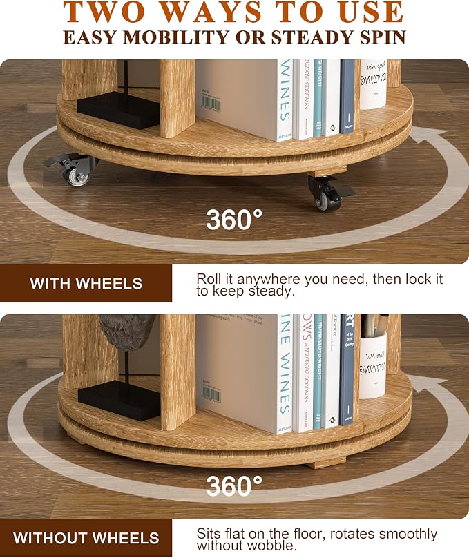 4-Tier Solid Wood Rotating Bookshelf on Wheels, 360° Spinning Book Shelf Tower - Image 5