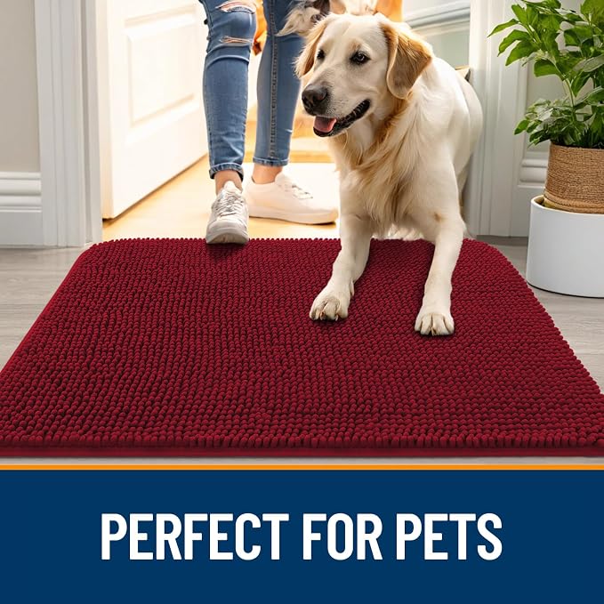 OLANLY Dog Door Mat for Muddy Paws 70x35, Super Absorbent Chenille Mud Mat | Red - Image 6