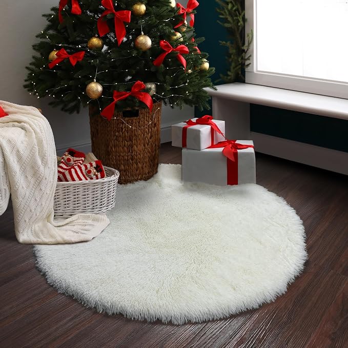 Amdrebio Cream Ivory White Small Round Fluffy Rug 3Ft - Image 7