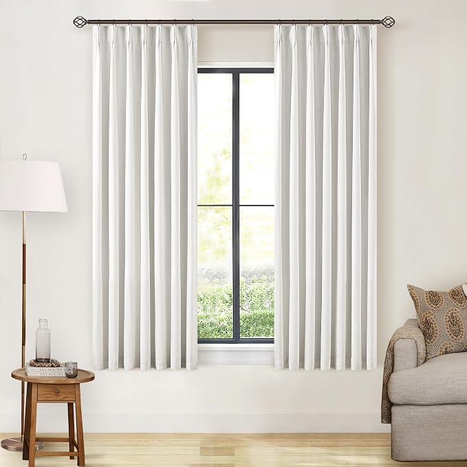 Beige White 63 Inch Length Blackout Pinch Pleated Linen Curtains - Image 8