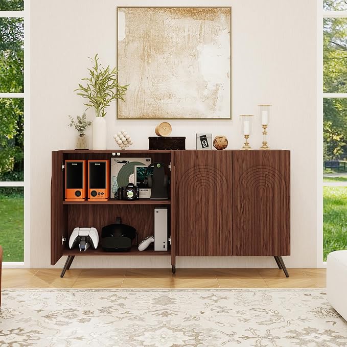 59" Walnut Arched Sideboard Buffet Cabinet - Image 6