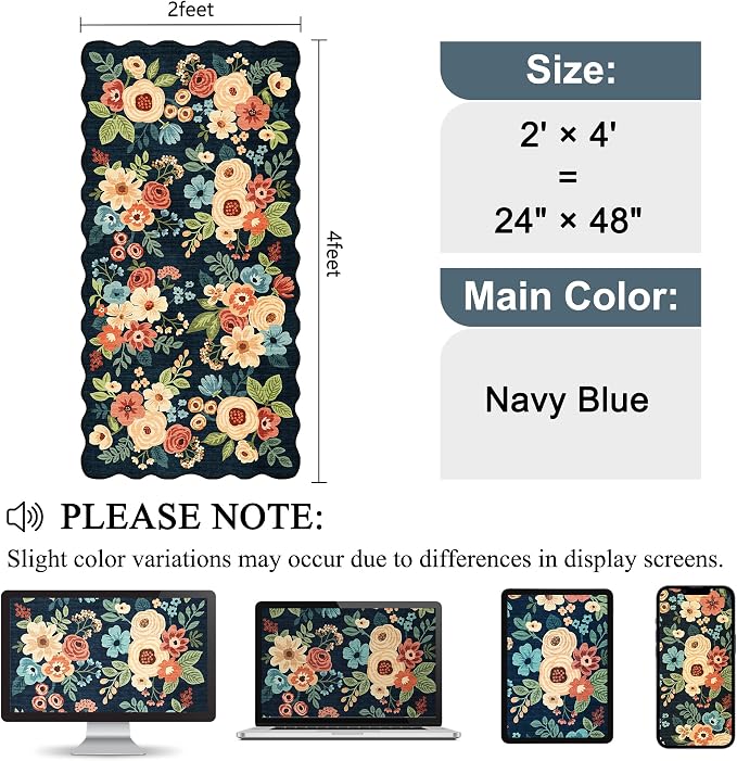 DUKINO 2x4 Rug for Entryway, Floral Washable Kitchen Rugs, Low Pile, Soft Throw - Image 2