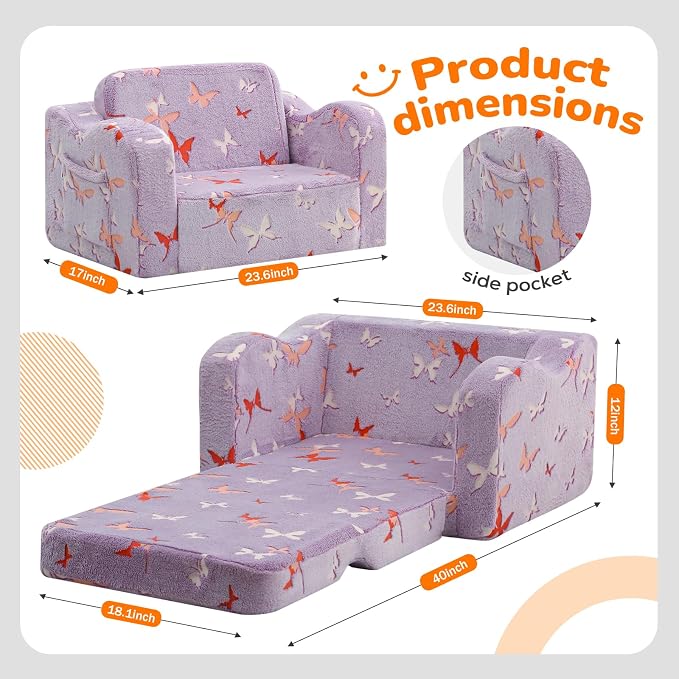 MeMoreCool Glowing Butterfly Kids Chair, 2-in-1 Foldable Kids Couch - Image 2