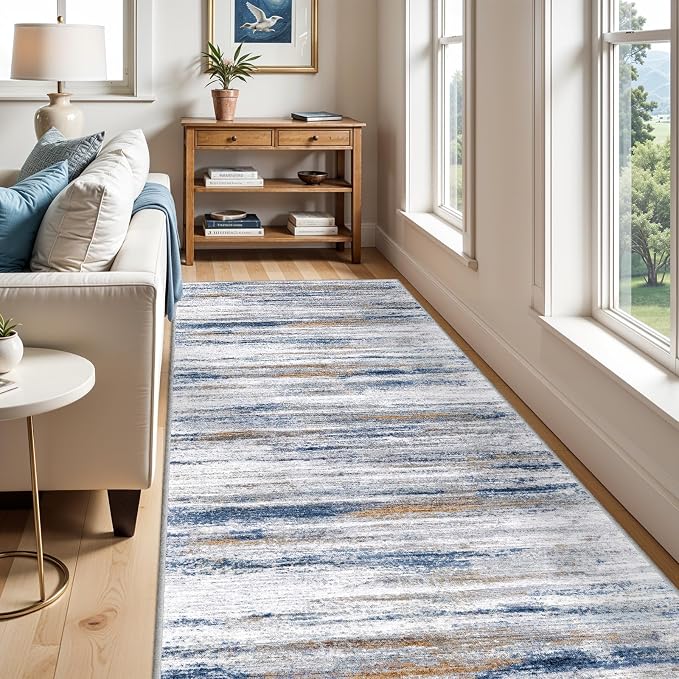 4x9 Wide Washable Runner Rug: Easy-to-Clean Runners Navy Grey | Stain & Water - Image 6