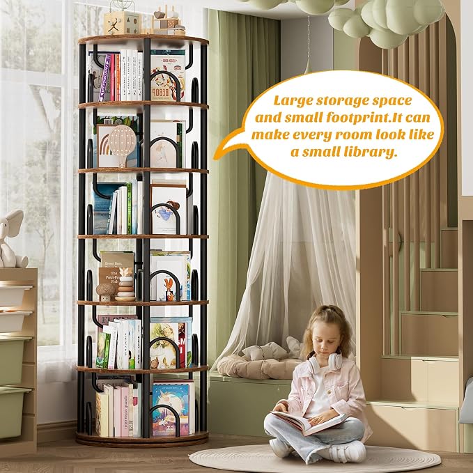 Aheaplus 6 Tier Rotating Bookshelf Tower, Revolving Bookcase, 360° Round - Image 3