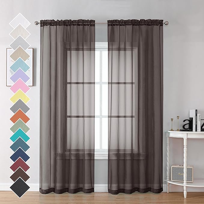 Chocolate Brown Sheer Curtains 84 Inches Long 2 Panels, Light Filtering Sheer by OVZME