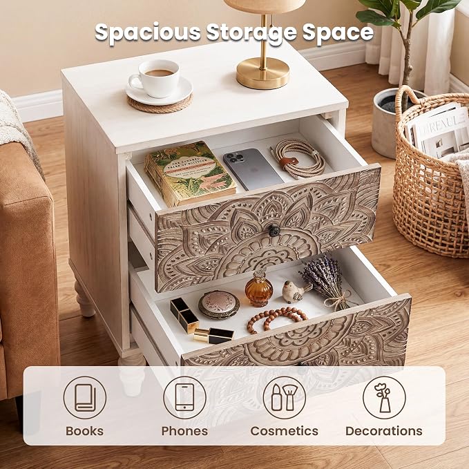 HOMPUS White Nightstand with 2 Drawers, Lotus Flower Carved Wood Bedside Table - Image 5