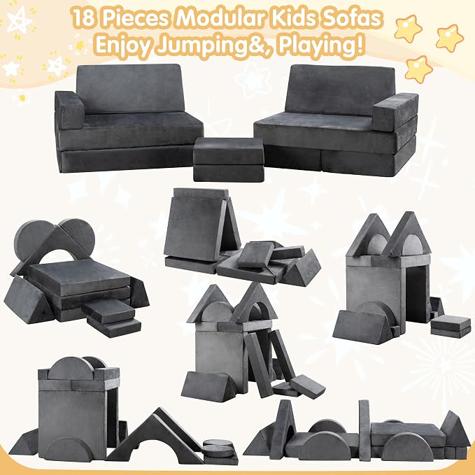 JY QAQA 18Pcs Modular Kids Play Couch Set, Toddler Sectional Sofa - Image 2