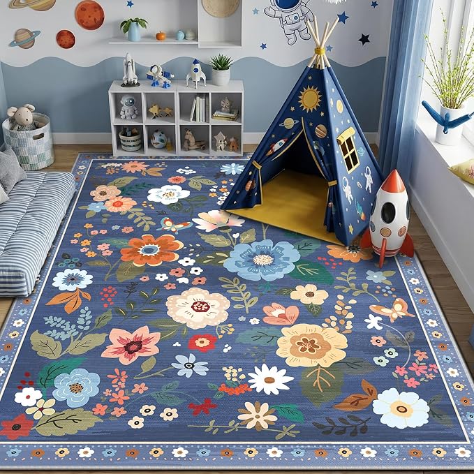 RELEANY Floral Washable 8x10 Area Rugs Blue/Grey | Flower Carpet Print Boho - Image 3