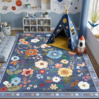 RELEANY Floral Washable 6x9 Area Rugs Blue/Grey | Flower Carpet Print Boho Cute by RELEANY