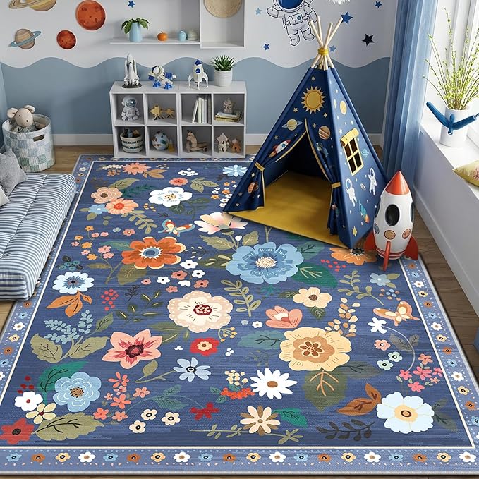 RELEANY Floral Washable 7x9 Area Rugs Blue/Grey | Flower Carpet Print Boho Cute - Image 6