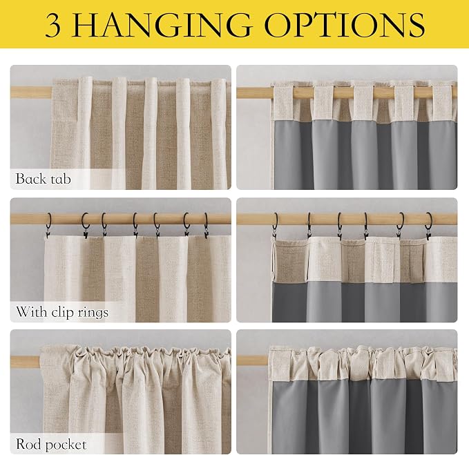 NICETOWN Beige Full Blackout Back Tab Linen Curtains 84" Long 2 Panels Set - Image 9