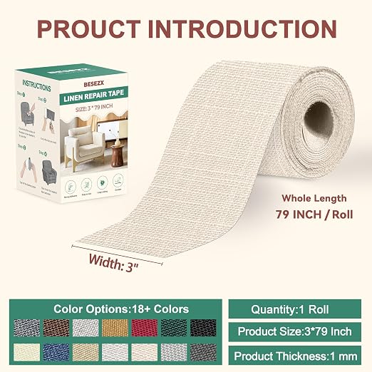 Besezx Linen Fabric Repair Tape, 3x79 Inch Self Adhesive Repair Patches - Image 2