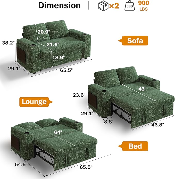 Vipbear 65" Loveseat Sleeper Sofa - Image 2