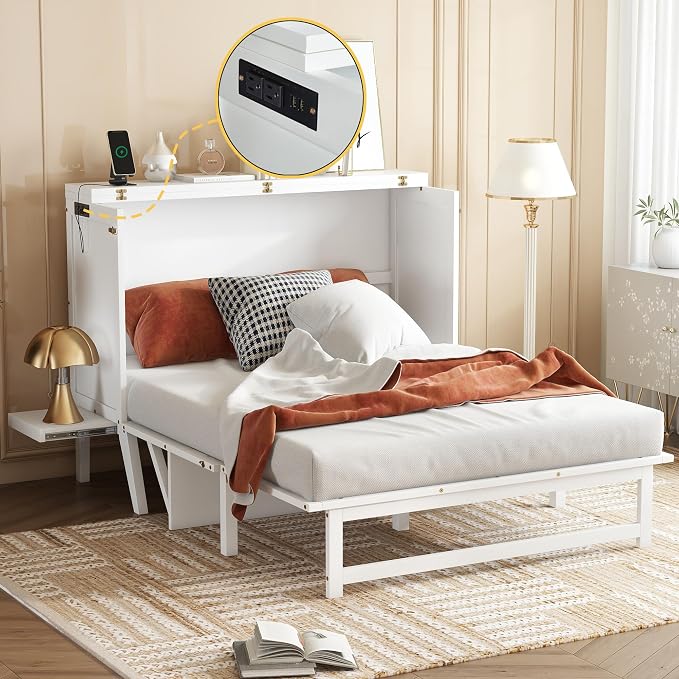 Full Size Murphy Bed with USB Port and Removable Shelves on Each Side, Solid - Image 3