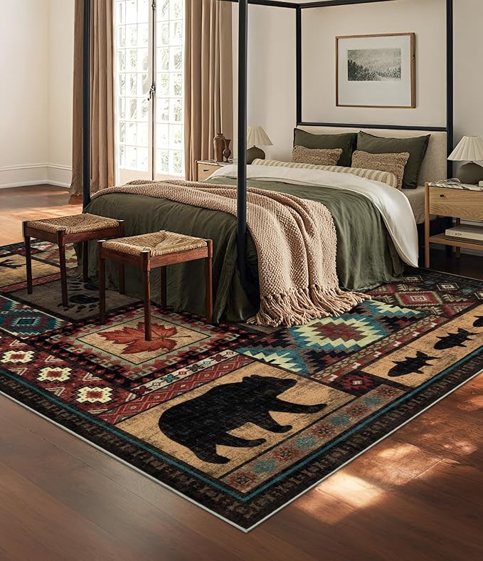 Rustic Cabin Area Rug 6x9, Machine Washable Lodge Bear Rug, Non-Slip Low Pile - Image 3