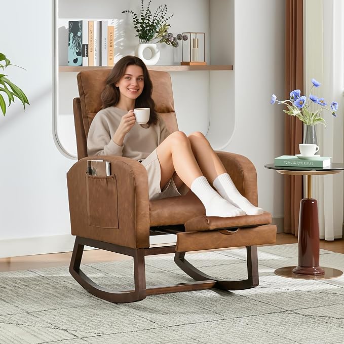 Rocking Chair Nursery with Foot Rest, Modern PU Upholstered Reading Glider by Unknown