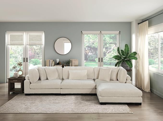 Modular Corner Seat, Plush Beige Corduroy Sofa, Customizable Living Room - Image 2