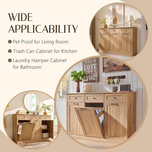 IFGET Triple Tilt Out Trash Can Cabinet, 20 Gallon Farmhouse Laundry Hamper - Image 4