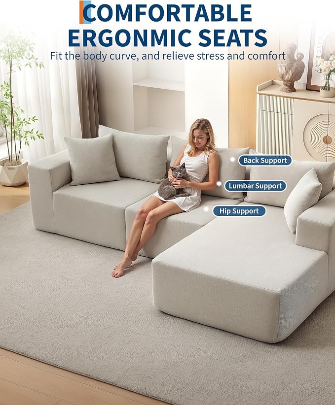 Corduroy Modular L Shape Sofa, Cloud Feel Compressed Sectional Couch - Image 6