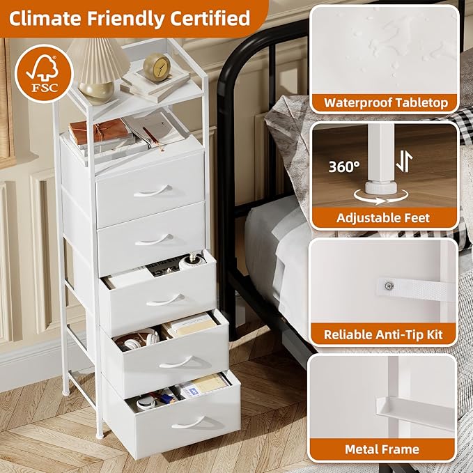 Somdot Tall Dresser for Bedroom, 5 Drawers Nightstand Vertical Storage Tower - Image 6