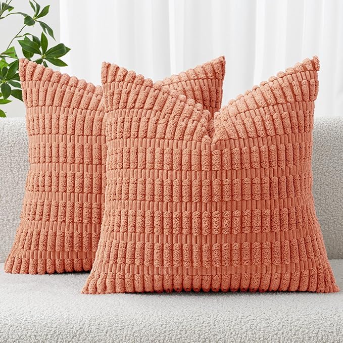 MIULEE Corduroy Decorative Throw Pillow Covers 18x18 Coral Pack of 2 | Soft by MIULEE