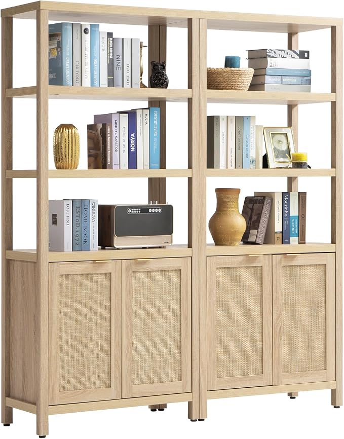 SICOTAS Bookshelf 5 Tier Book Shelf Rattan Boho 71" Tall Bookcase by SICOTAS