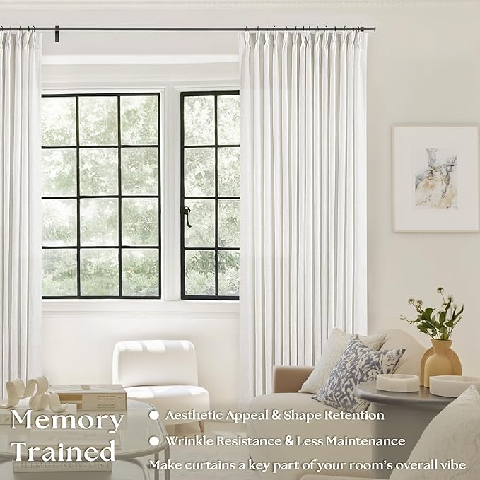 Beige White Pinch Pleated Linen Curtains 2 Panels 108 Inches Long | 400GSM - Image 2