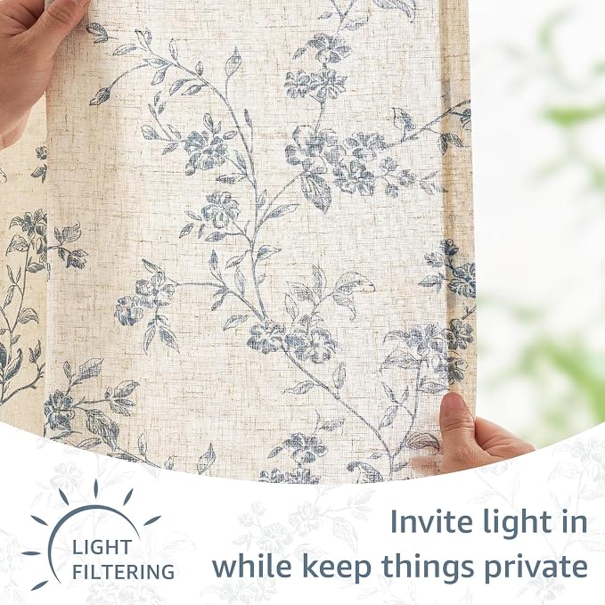Blue on Beige Linen Kitchen Curtains Rod Pocket 26W X 24L 2 Panels | Elisa - Image 6