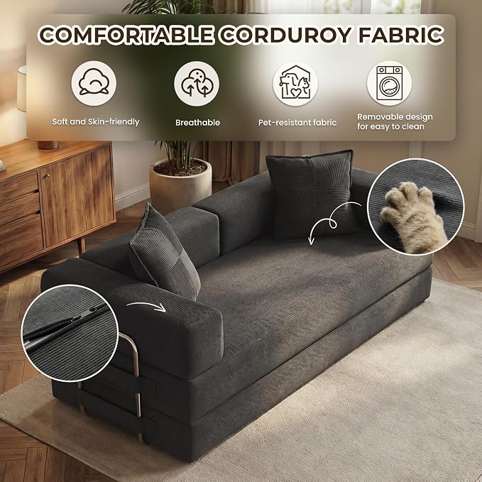 GRUSIGN 78 Inch Convertible Sofa Bed, 5-in-1 Futon Sofa Bed Pull Out Couch - Image 5