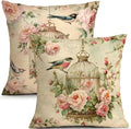 OBSEDE Vintage Throw Pillow Covers Set of 2, 18x18 Inch Pink Rose and Bird Print by OBSEDE