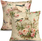 OBSEDE Vintage Throw Pillow Covers Set of 2, 18x18 Inch Pink Rose and Bird Print by OBSEDE