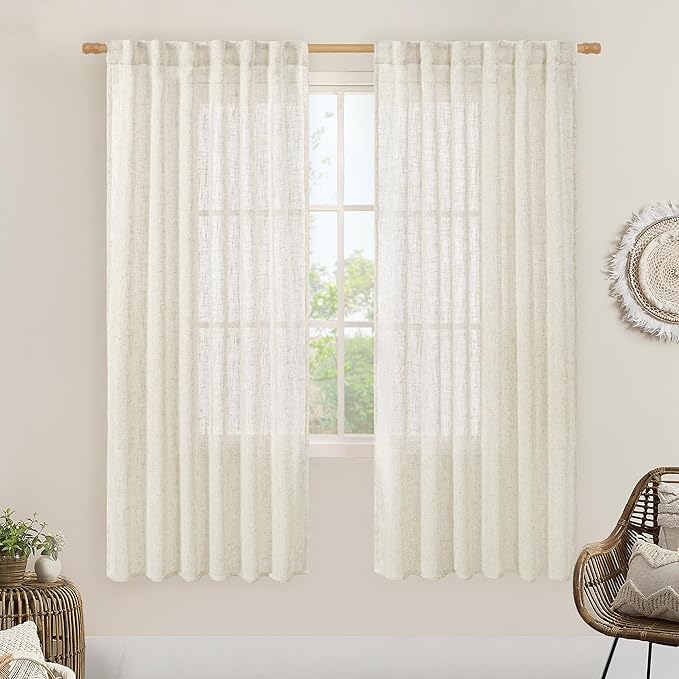 68 inch Semi Sheer Linen Curtains 2 Panels, Light Filtering Panels | Cream Ivory by LAMIT