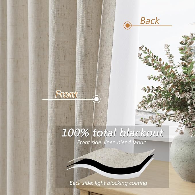 100% Blackout Linen Curtains for Bedroom 90 inches Long, Thermal Insulated Room - Image 4