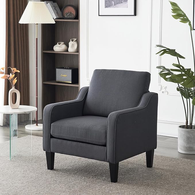 VINGLI Mid-Century Modern Accent Chair, Dark Grey Linen Upholstered, by VINGLI