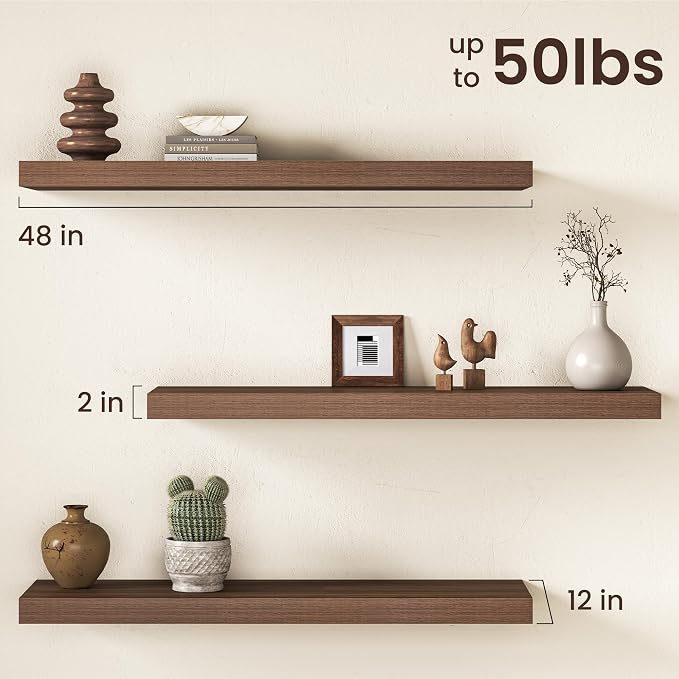 Walnut Floating Shelves 48Inch Long, 12 Inch Deep Floating Shelves - Image 3