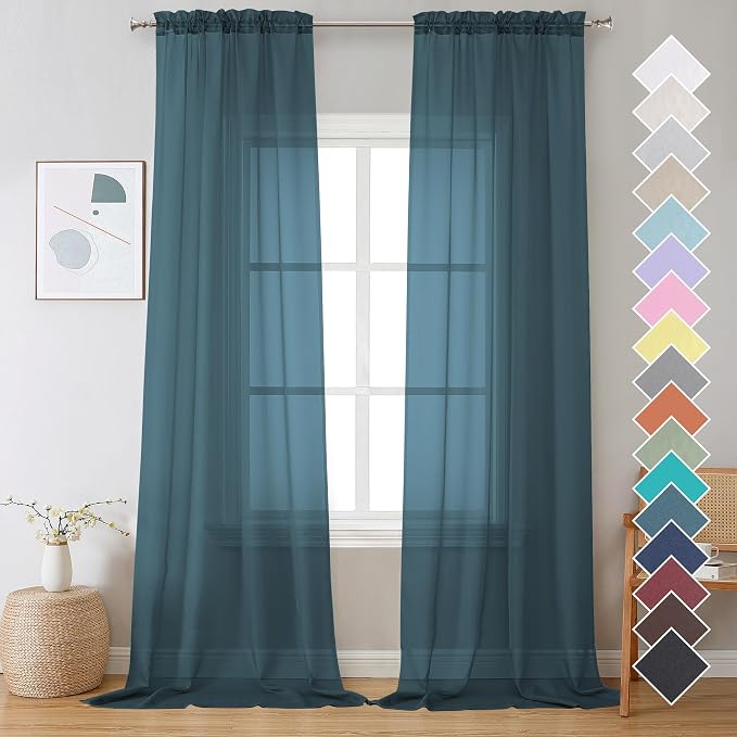 2 Panels Sheer Dusty Blue Window Curtain 96" Length by OVZME